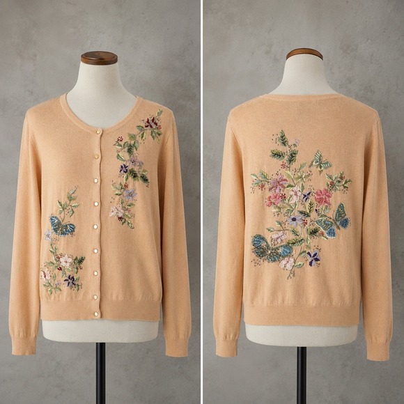 Tiara International Sweaters - Vintage Embroidered Beaded Cardigan L Peach Ramie/Rayon 3D Ribbon Floral Whimsy